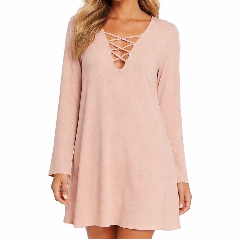 ASTR the Label Blush Pink Crisscross V-Neck Long Sleeve Mini Dress XS